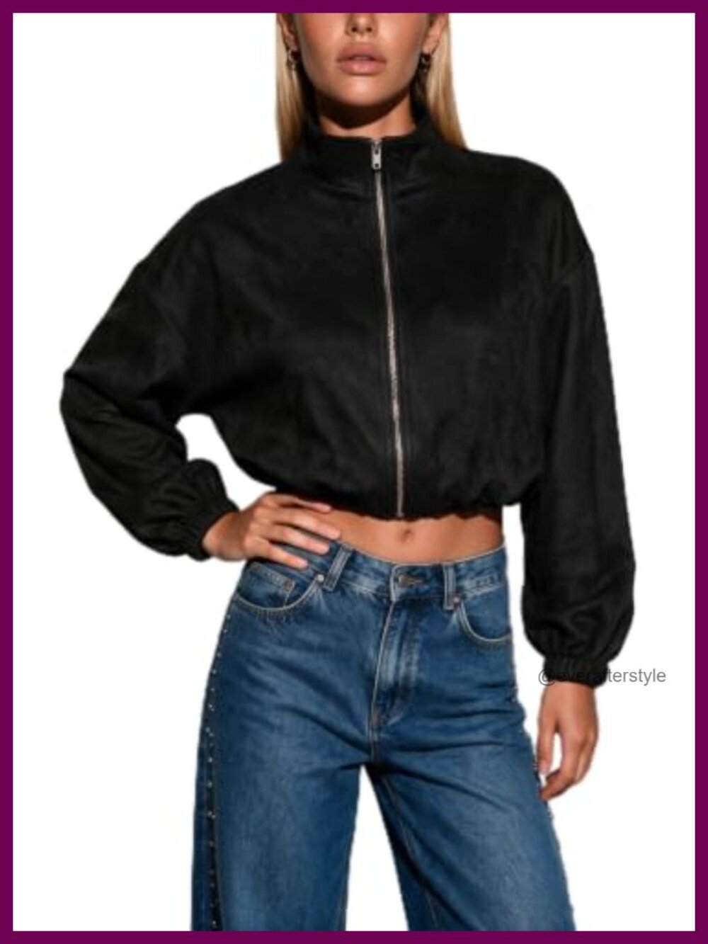 Faux Suede Cropped Bomber Jacket Zip Up Coat